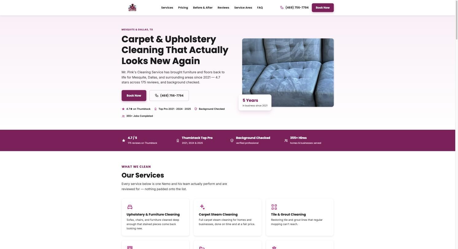 Mr. Pink's Cleaning Service website homepage